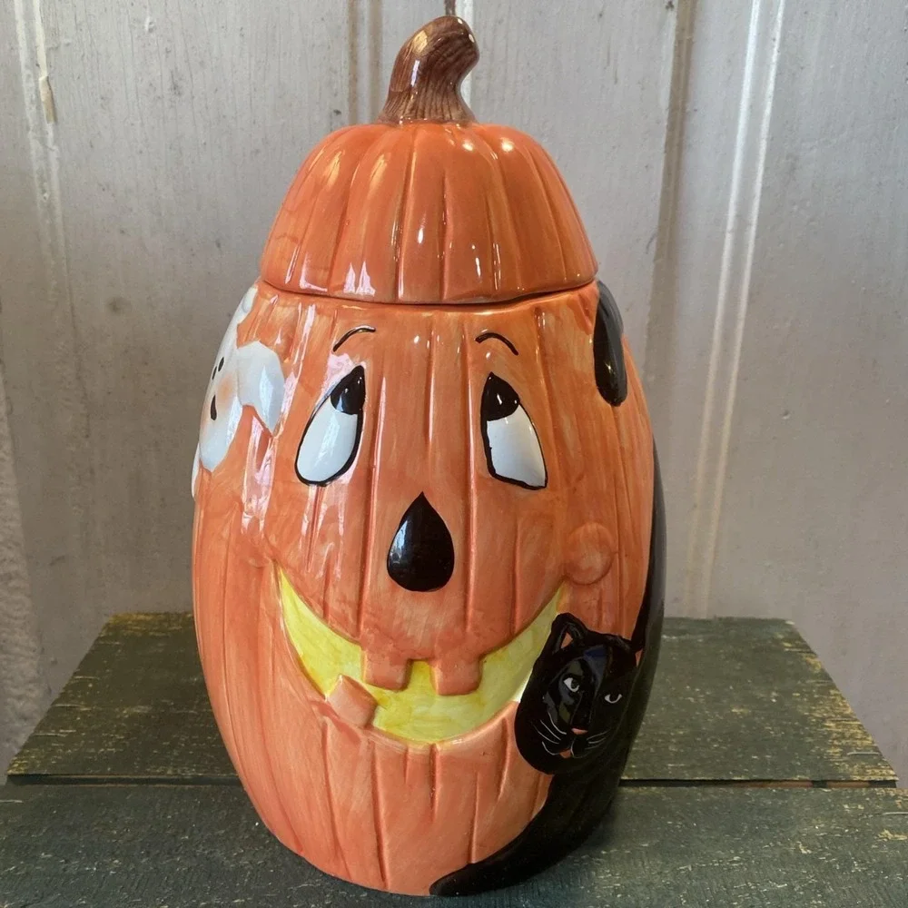 Vintage‎ 90s Ceramic Cookie Jar Halloween Tall Pumpkin Black Cat Ghost Canister